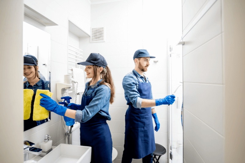 Three people in blue uniforms and gloves cleaning a white bathroom