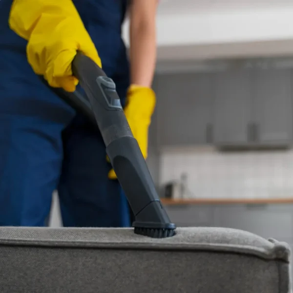 Professional cleaner cleaning a couch